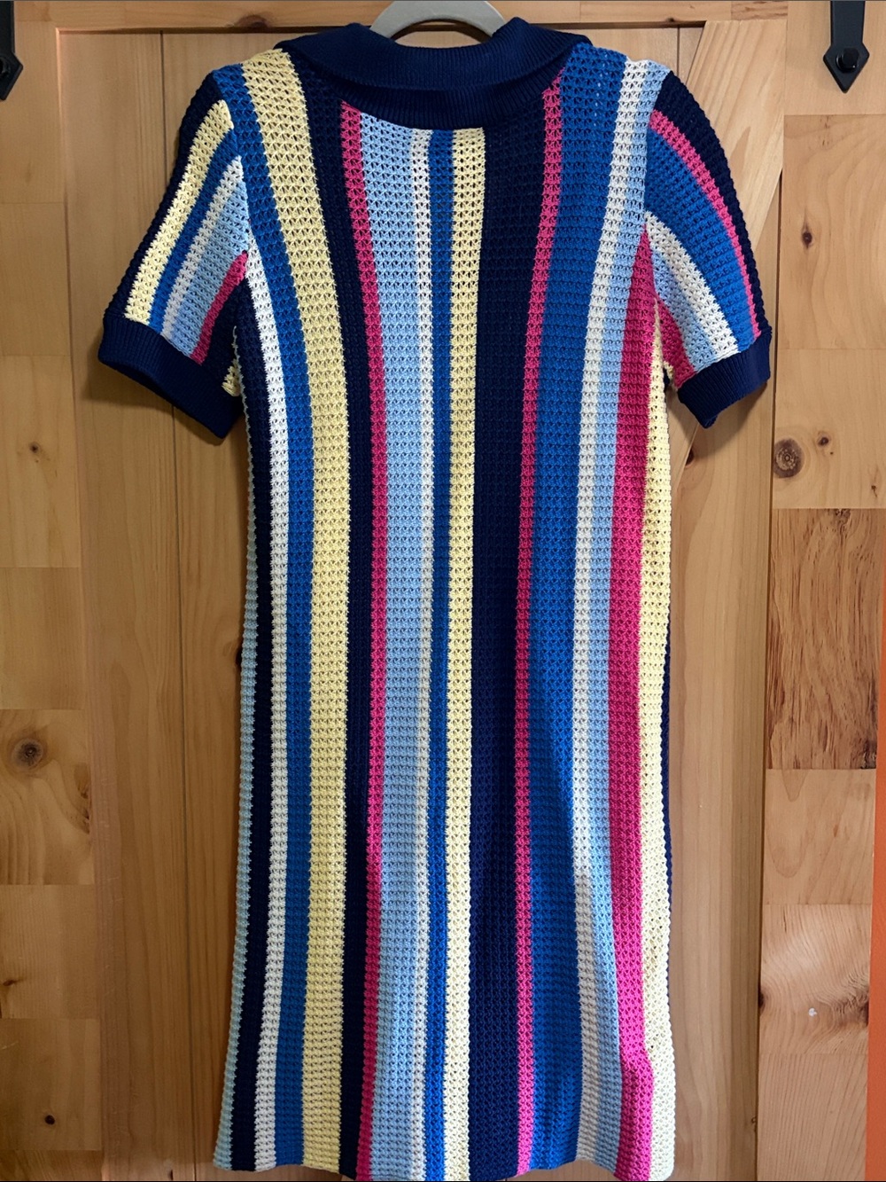 Maeve Striped Crochet Polo Mini Dress in Navy, Light Blue, Yellow & Pink - Picture 2 of 3